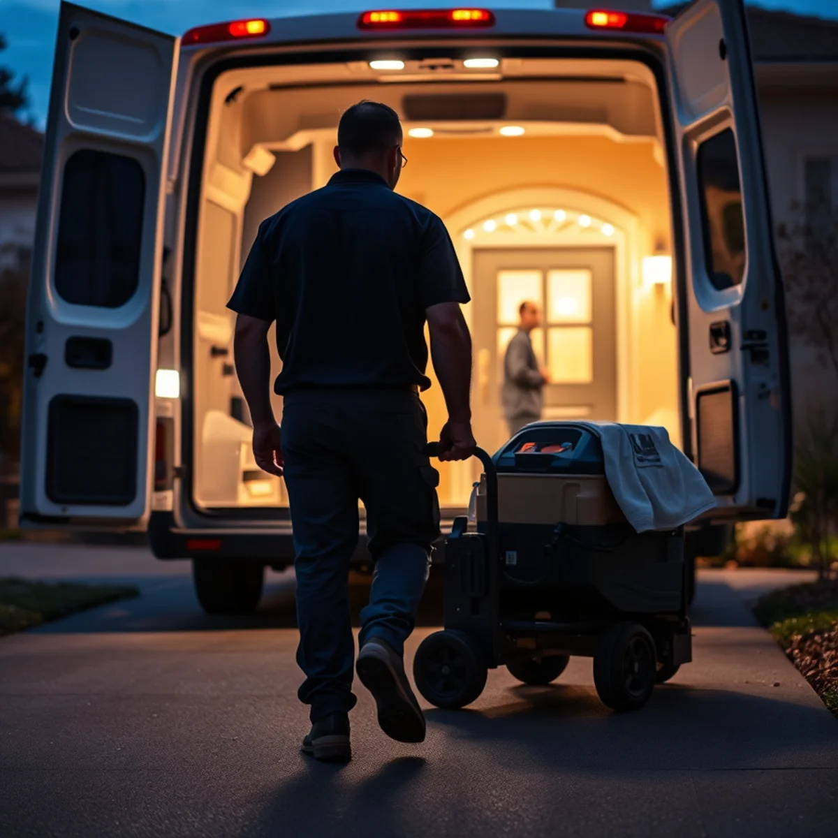 Emergency water damage crew arriving at an Irvine, CA home at night with extraction equipment