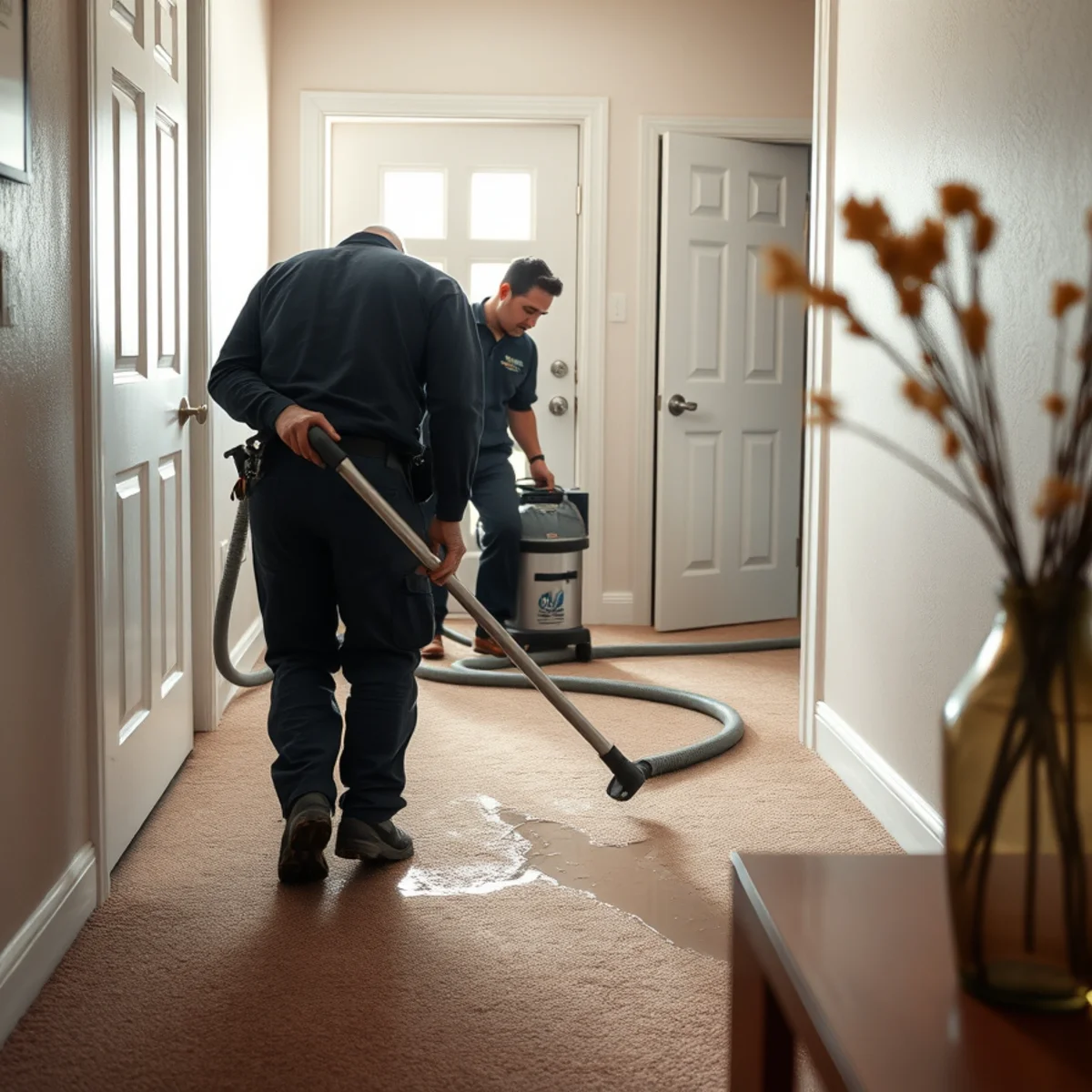Emergency extraction underway within the first hour of a water loss in an Irvine, CA home