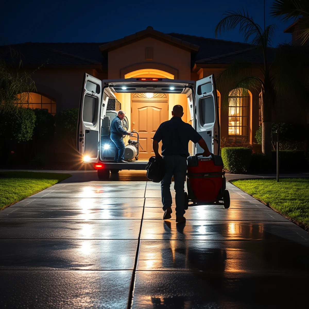Emergency water removal crew arriving at an Irvine, CA home at night with extraction equipment