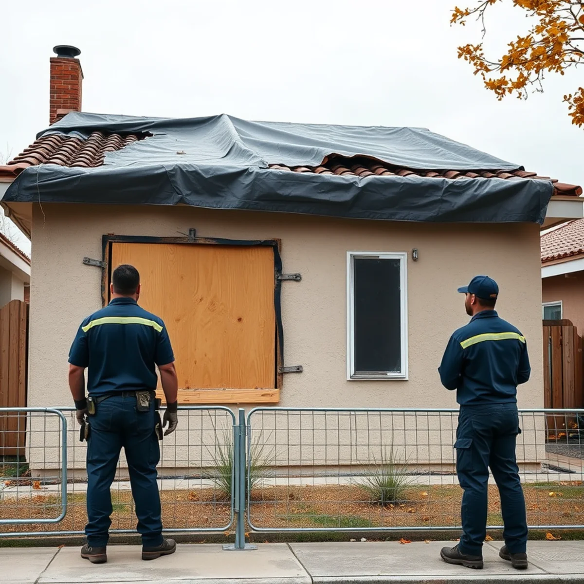 Emergency board-up and roof tarping securing a fire damaged Irvine, CA property