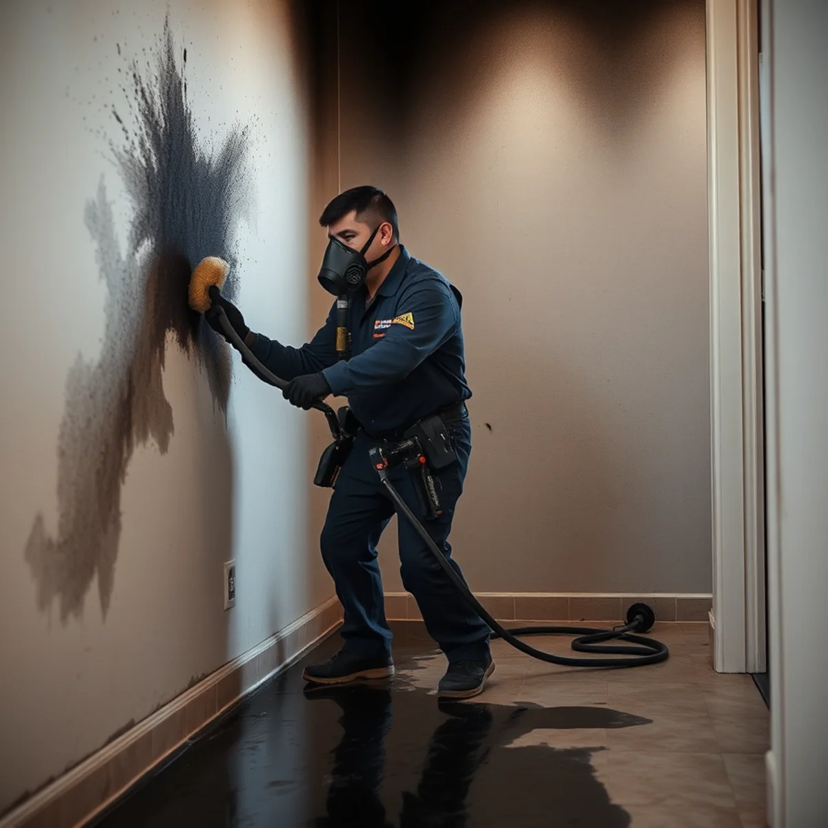 Fire and smoke damage restoration technician cleaning soot from a wall in an Irvine, CA home