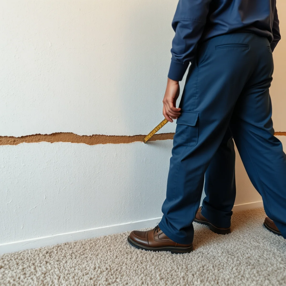 Storm flood waterline and silt marking the wall of a flooded Orange County home