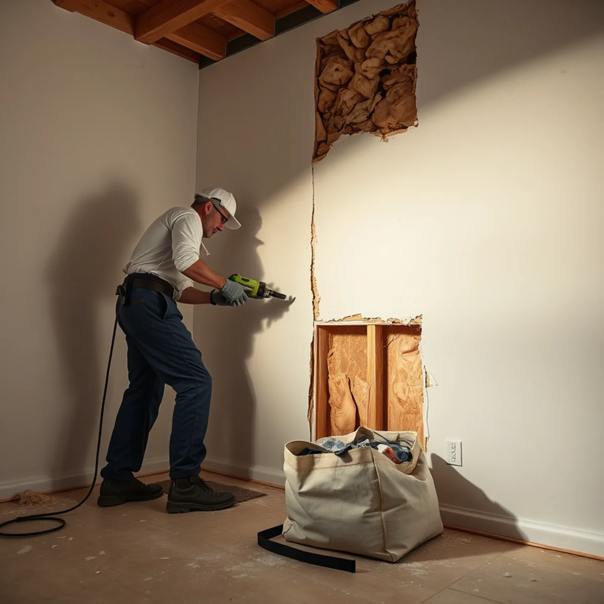 Flood cut removing contaminated drywall two feet up a wall in an Irvine, CA home