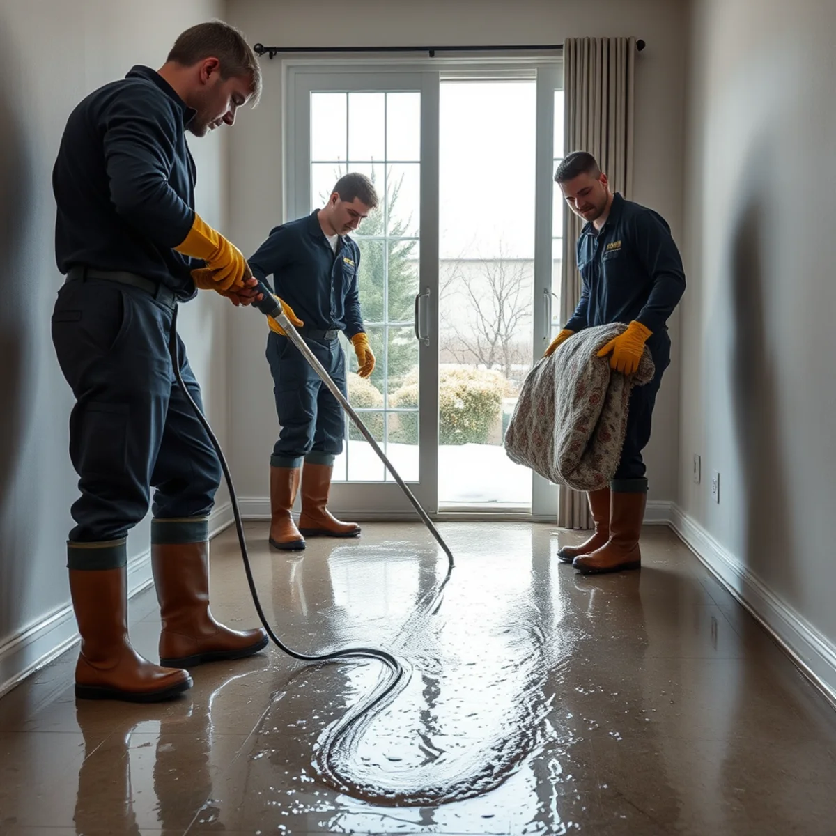 Flood cleanup crew pumping water out of a flooded Irvine, CA home after a winter storm