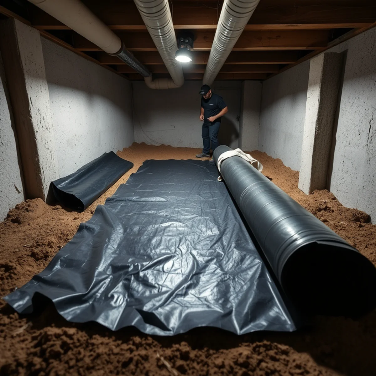 Replacing a torn vapour barrier in a damp crawl space beneath an Orange County home