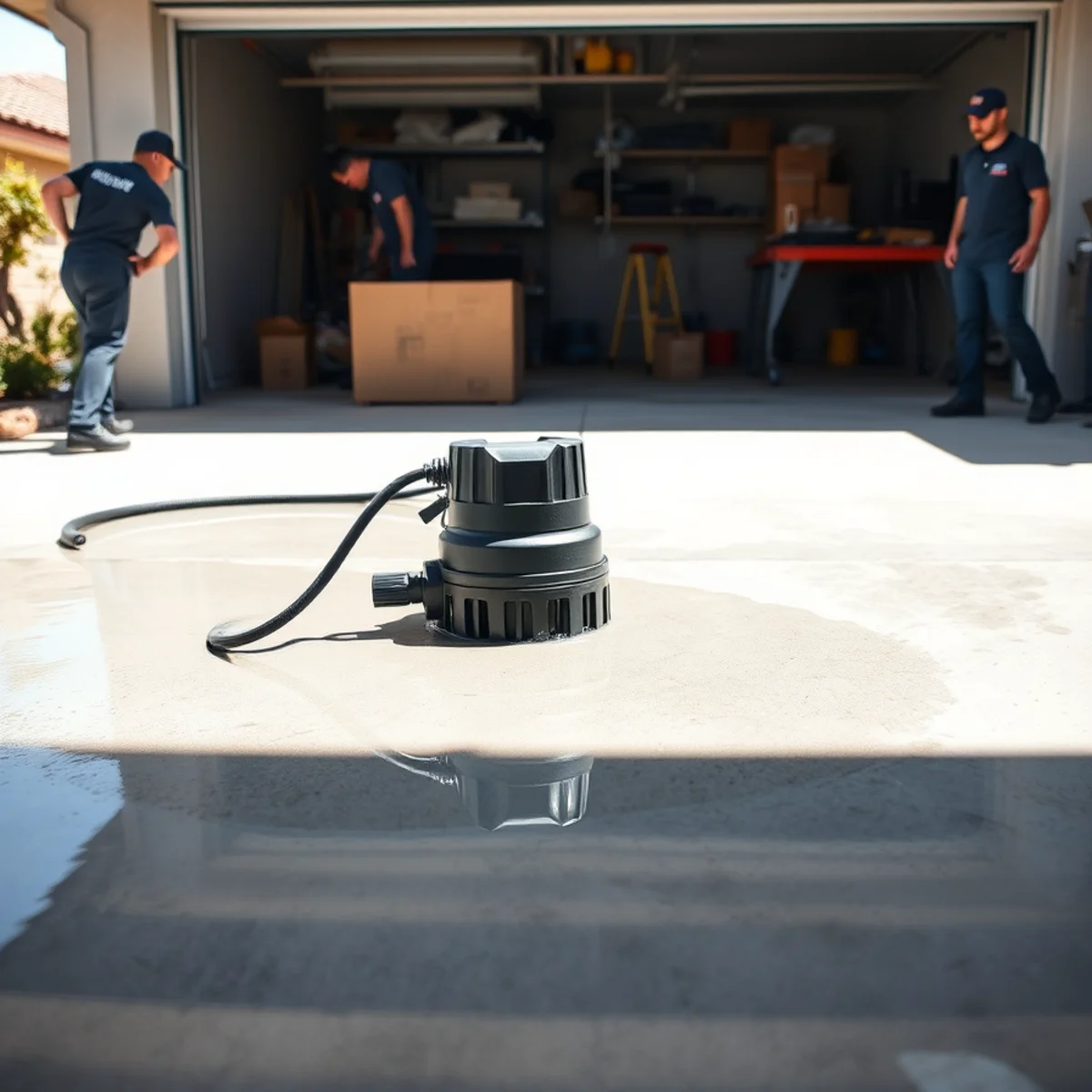 Pumping standing water off a garage slab after a water heater failure in Irvine, CA
