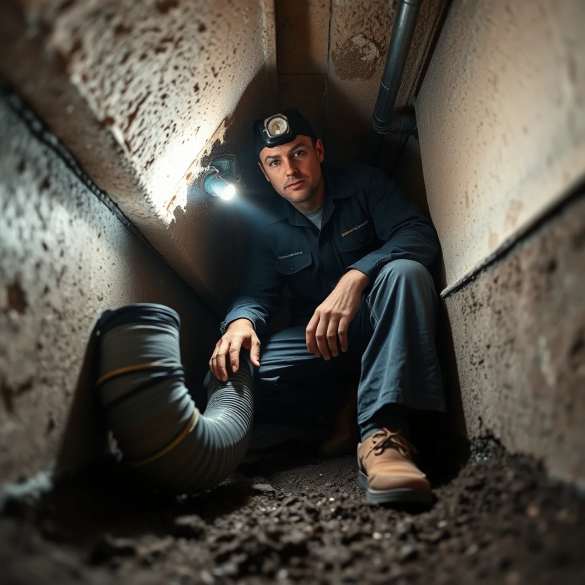 Technician pumping water out of a flooded crawl space beneath an Orange County home