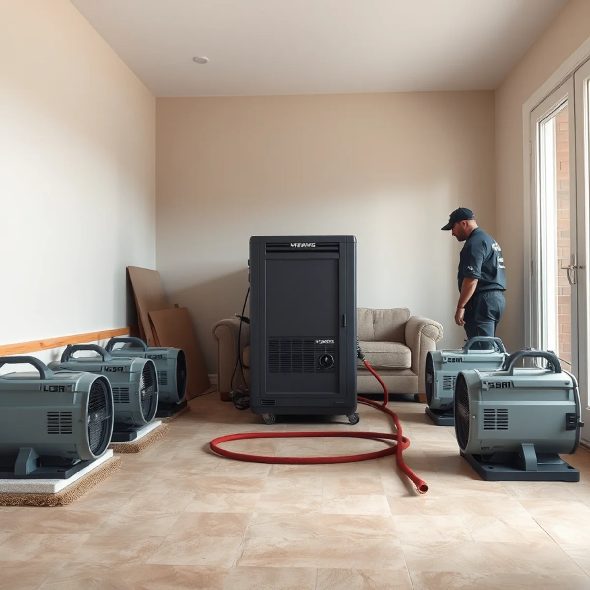 Air movers and dehumidifiers drying a water damaged Irvine, CA room