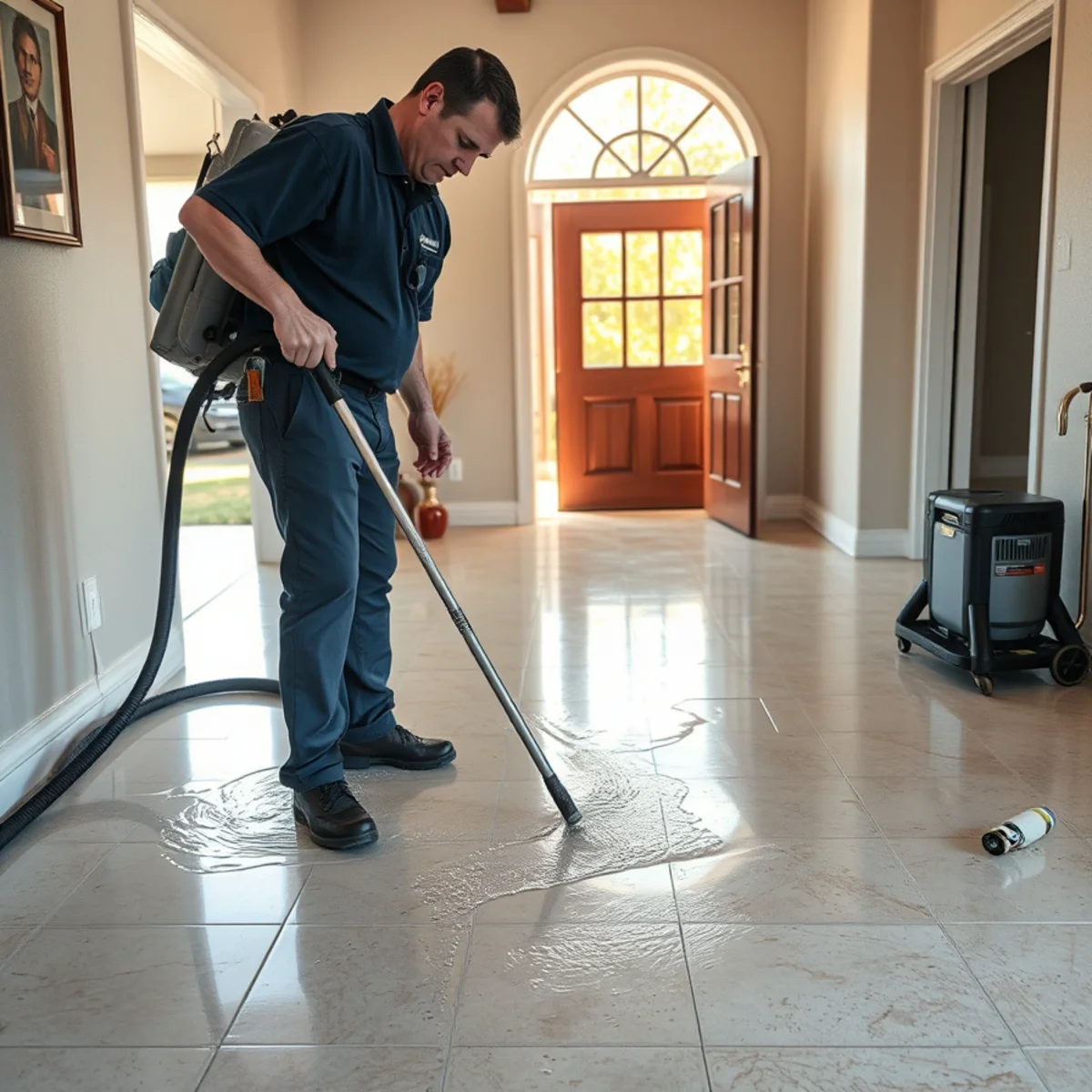 IICRC-certified restoration technician extracting water from a flooded Irvine, CA living room