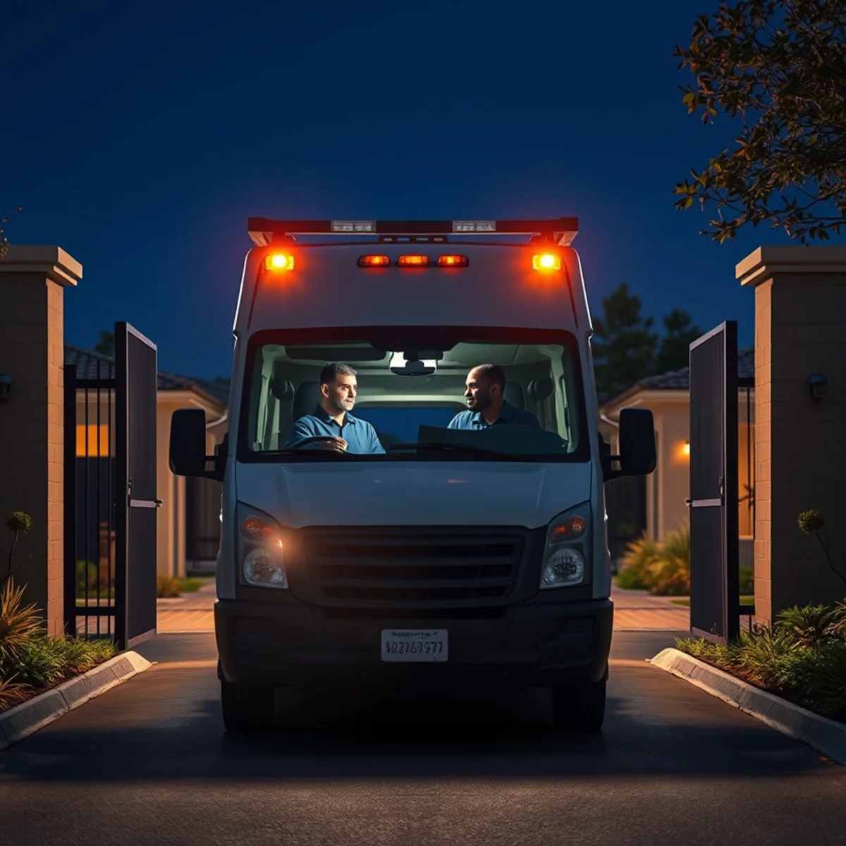 Restoration crew arriving through a gated community entrance in Northpark, Irvine