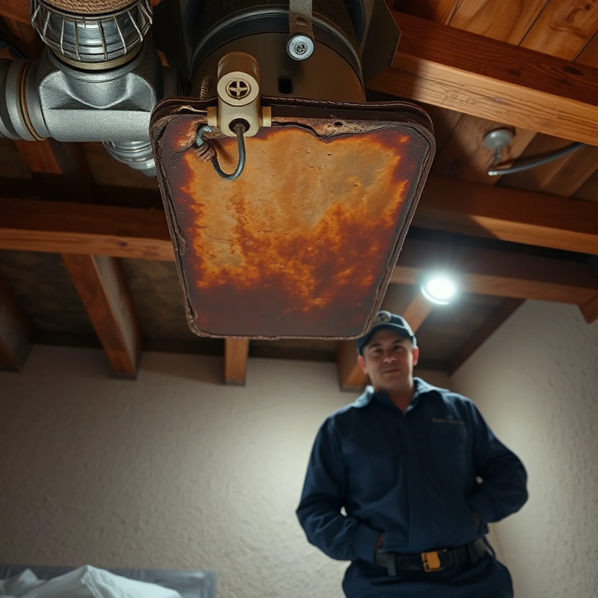 Rusted secondary condensate pan beneath an attic air handler in Northwood Point, Irvine