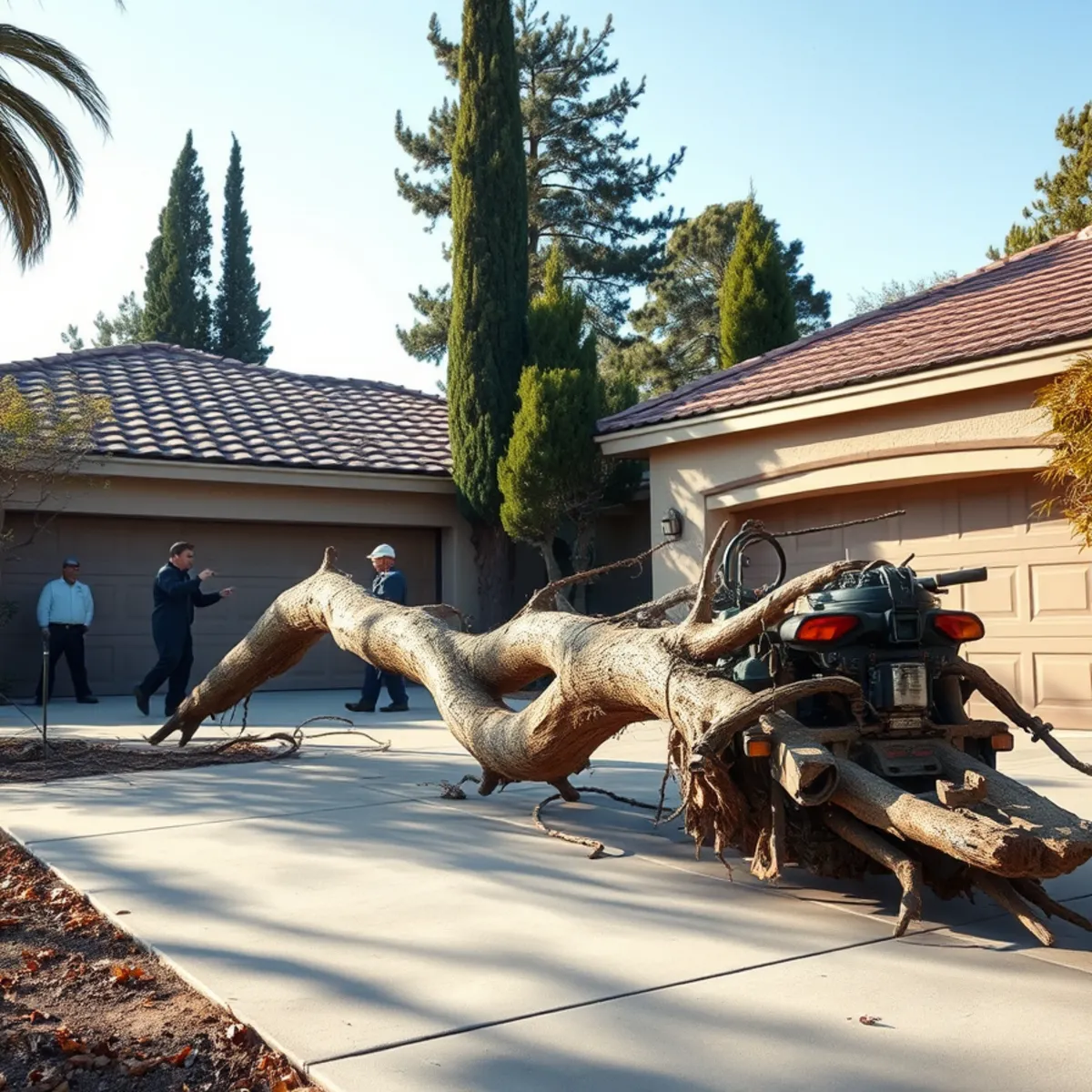 Fallen eucalyptus limb and cracked roof tiles after a Santa Ana wind event in Northwood, Irvine