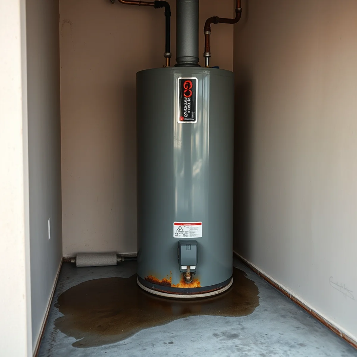 Original late-1990s water heater at end of life in an Oak Creek, Irvine garage
