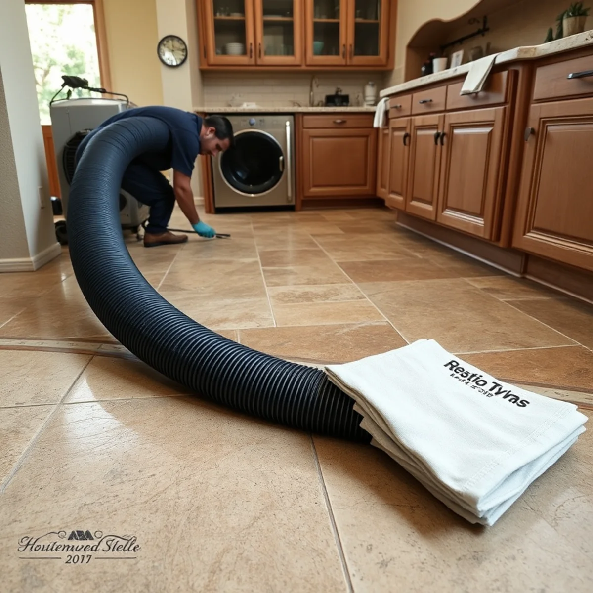 Desiccant drying beneath large-format stone flooring in an Orchard Hills, Irvine home