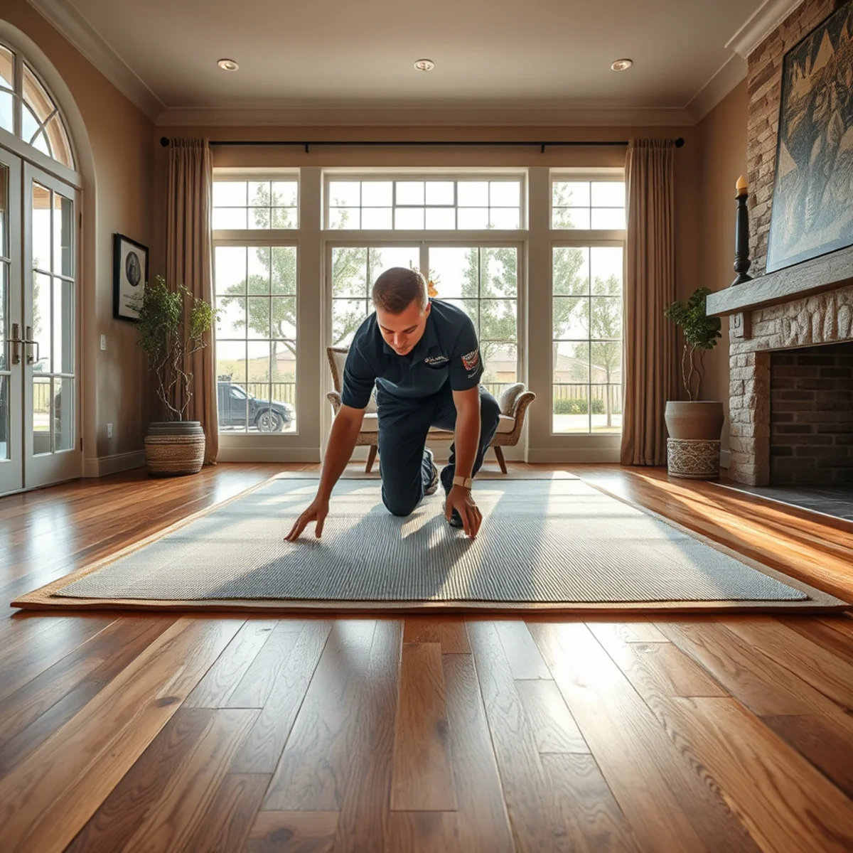 Floor drying mats saving hardwood in an Orchard Hills home in Irvine, CA