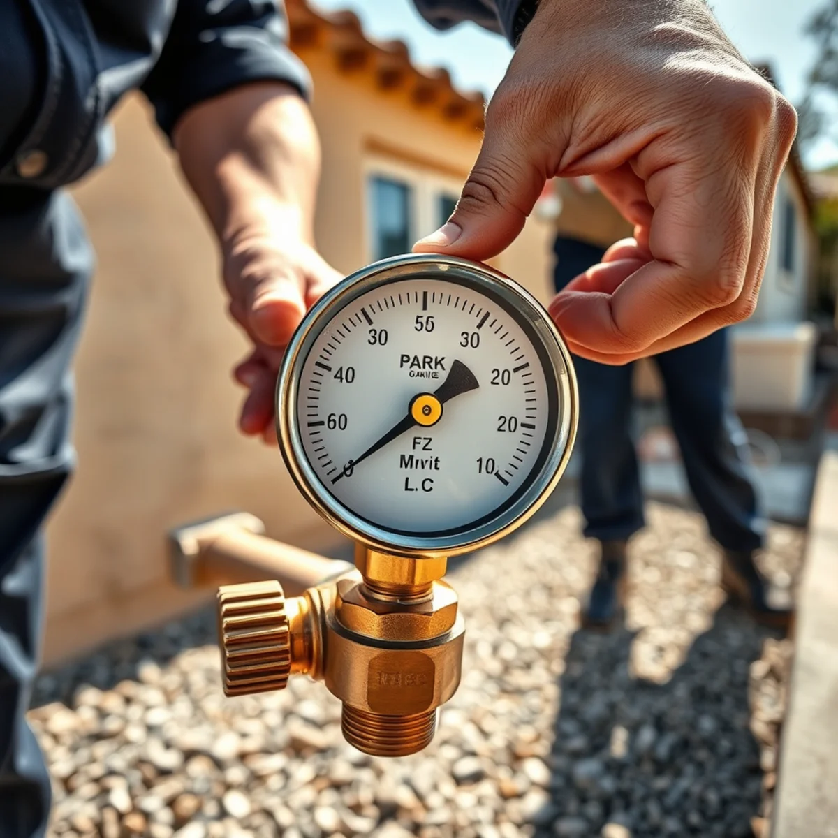 Hose bib pressure gauge reading above 80 psi at a Parkside, Irvine home