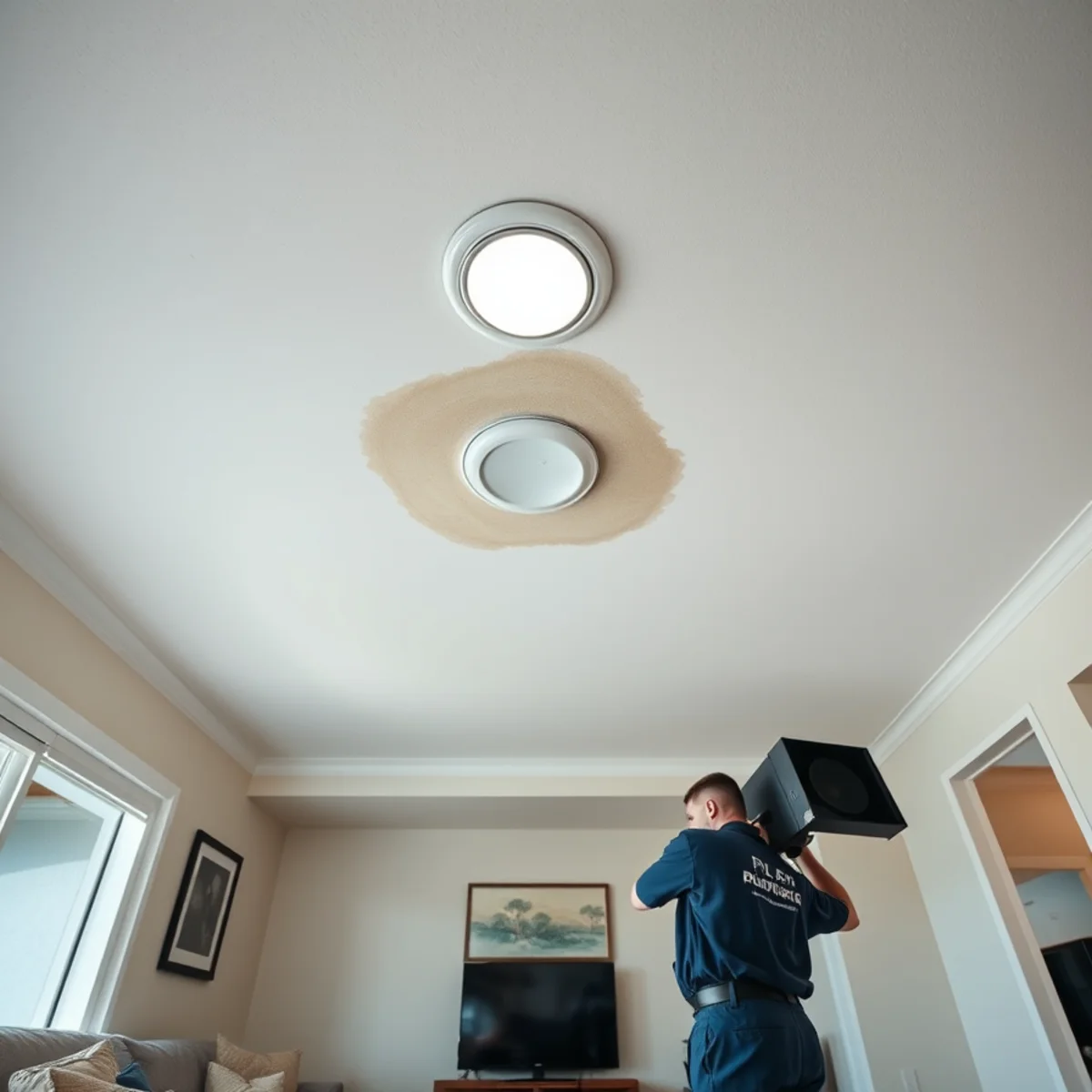 Water migrating into the ceiling of a lower unit in a Quail Hill, Irvine stacked flat