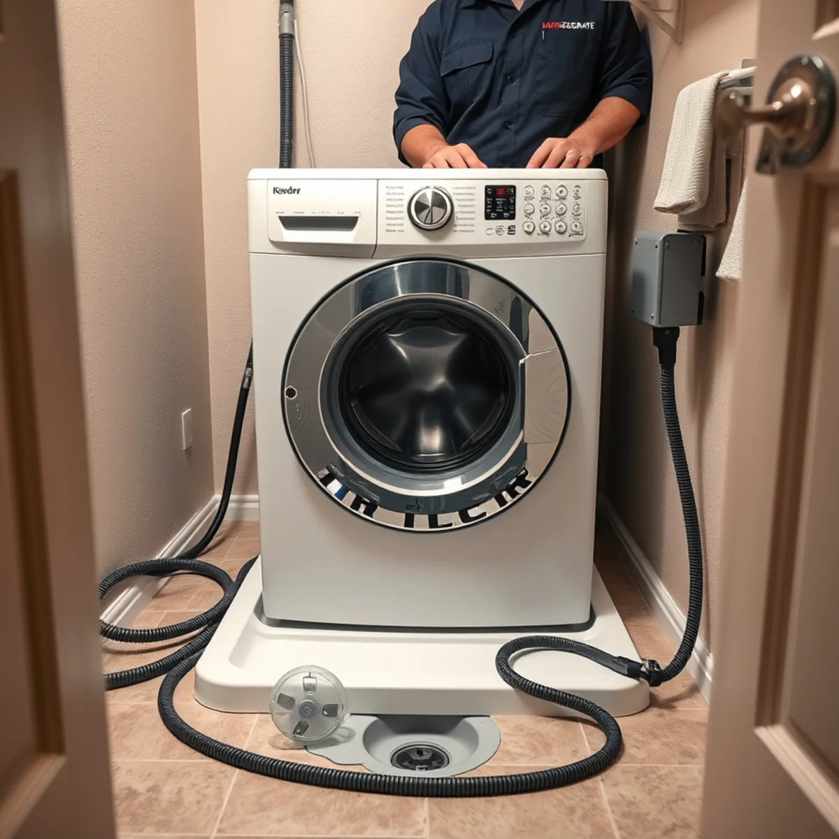 Second floor laundry drain pan and leak sensor in a Stonegate, Irvine home