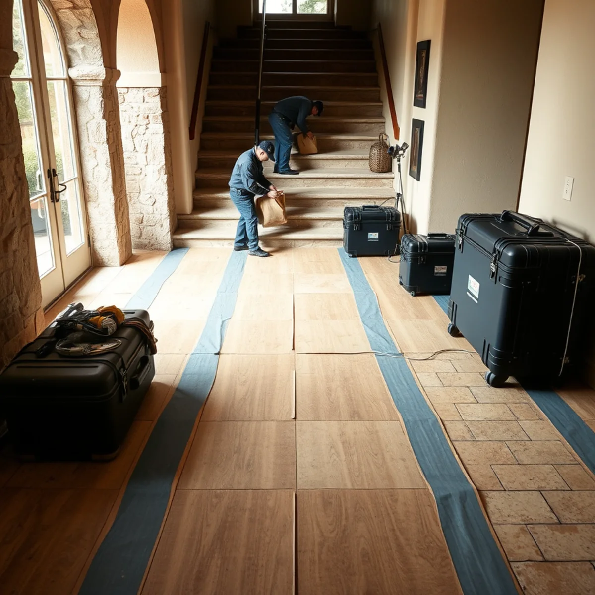 Floor and stair protection laid through a Turtle Ridge, Irvine home during restoration