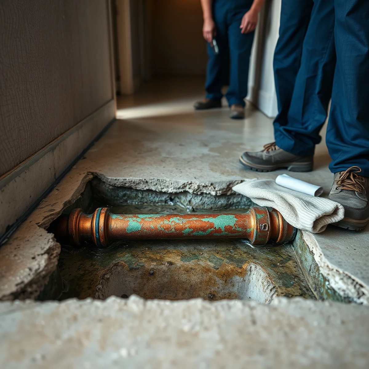 Sixty-year-old copper plumbing exposed during slab leak repair in University Park, Irvine