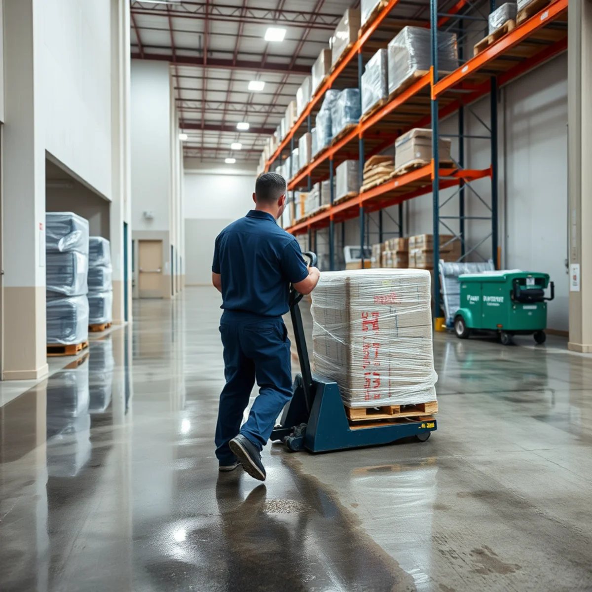 Moving palletised product before drying a flooded West Irvine, CA warehouse floor