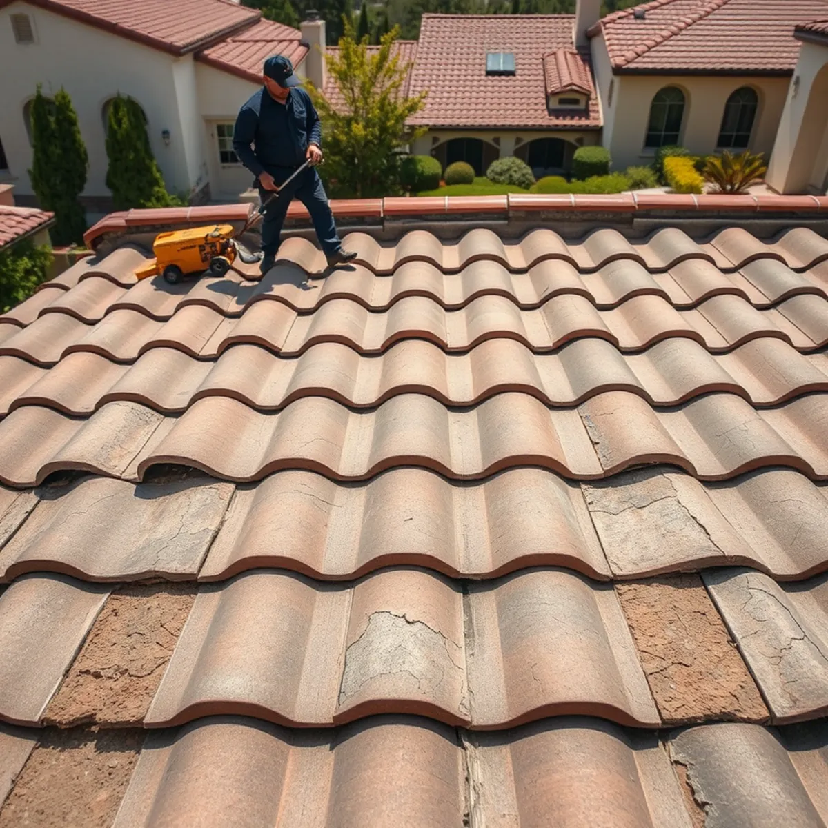 Aged underlayment beneath intact-looking tile on a Westpark, Irvine roof