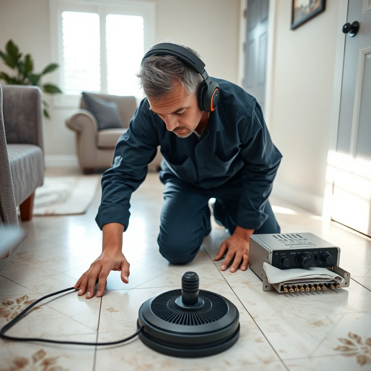 Acoustic ground microphone pinpointing a slab leak under a concrete floor in Irvine, CA