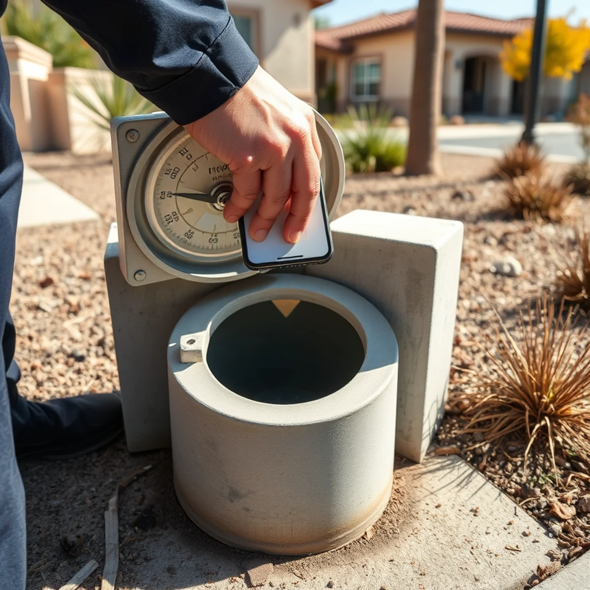 Checking the water meter low flow indicator to confirm a hidden leak at an Irvine, CA home
