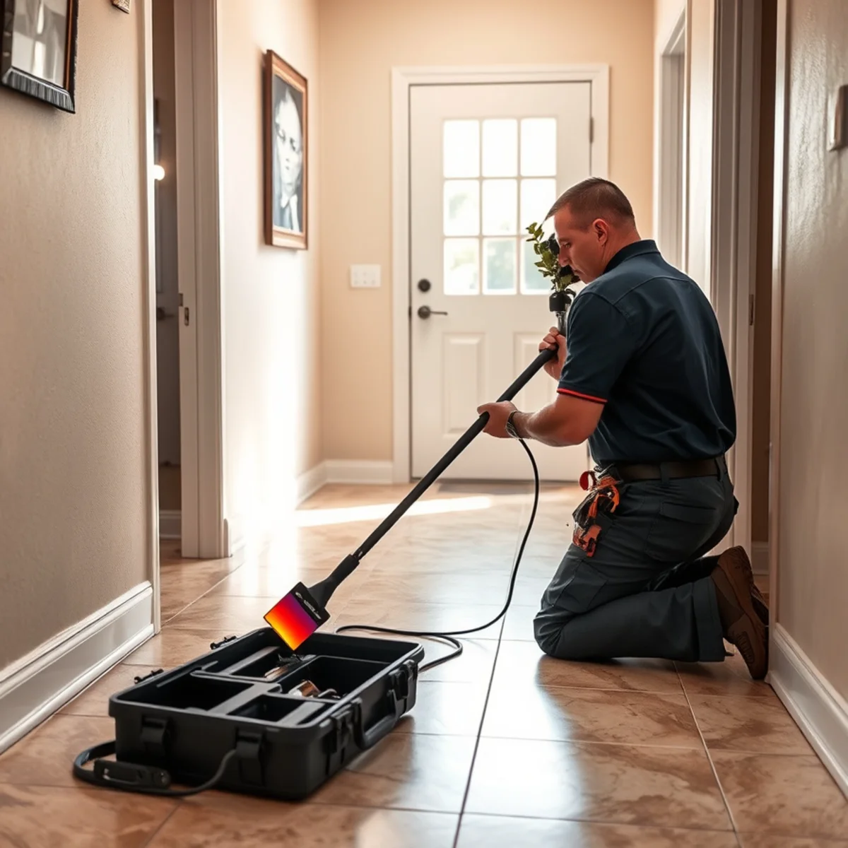 Technician using a thermal imaging camera to locate a hidden slab leak in an Irvine, CA home