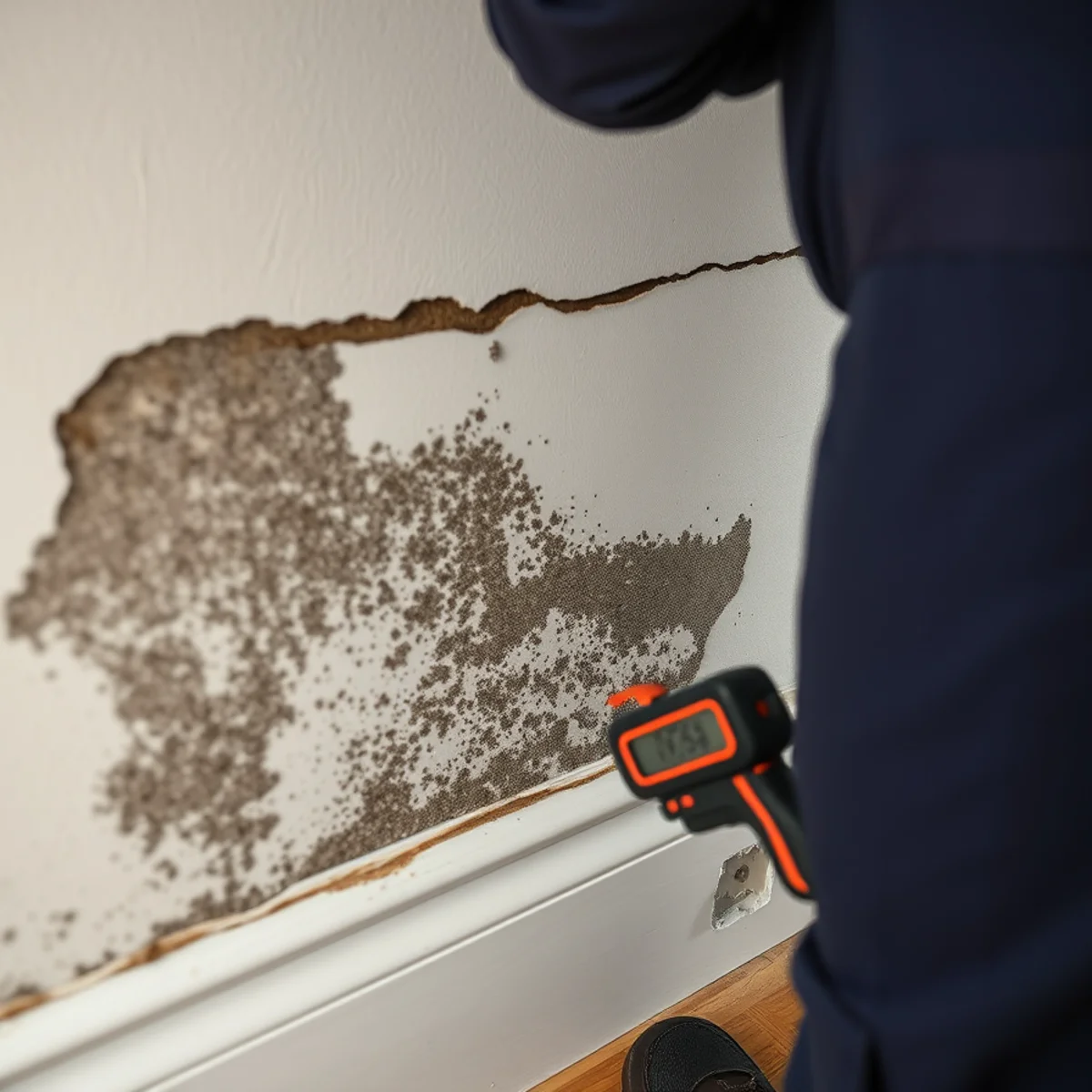 Mould growth on the paper facing of wet drywall behind a baseboard in an Irvine, CA home