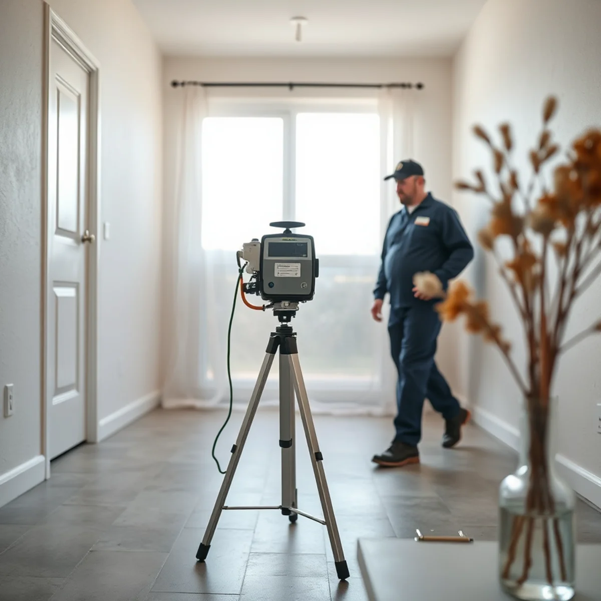 Independent industrial hygienist taking a post-remediation air sample in an Irvine, CA home