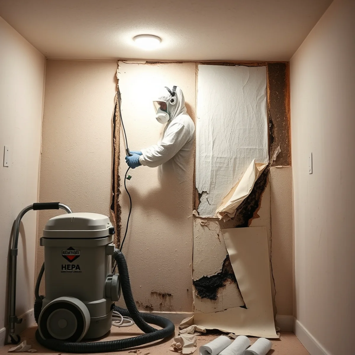 Mold remediation technician removing contaminated drywall inside containment in an Irvine, CA home
