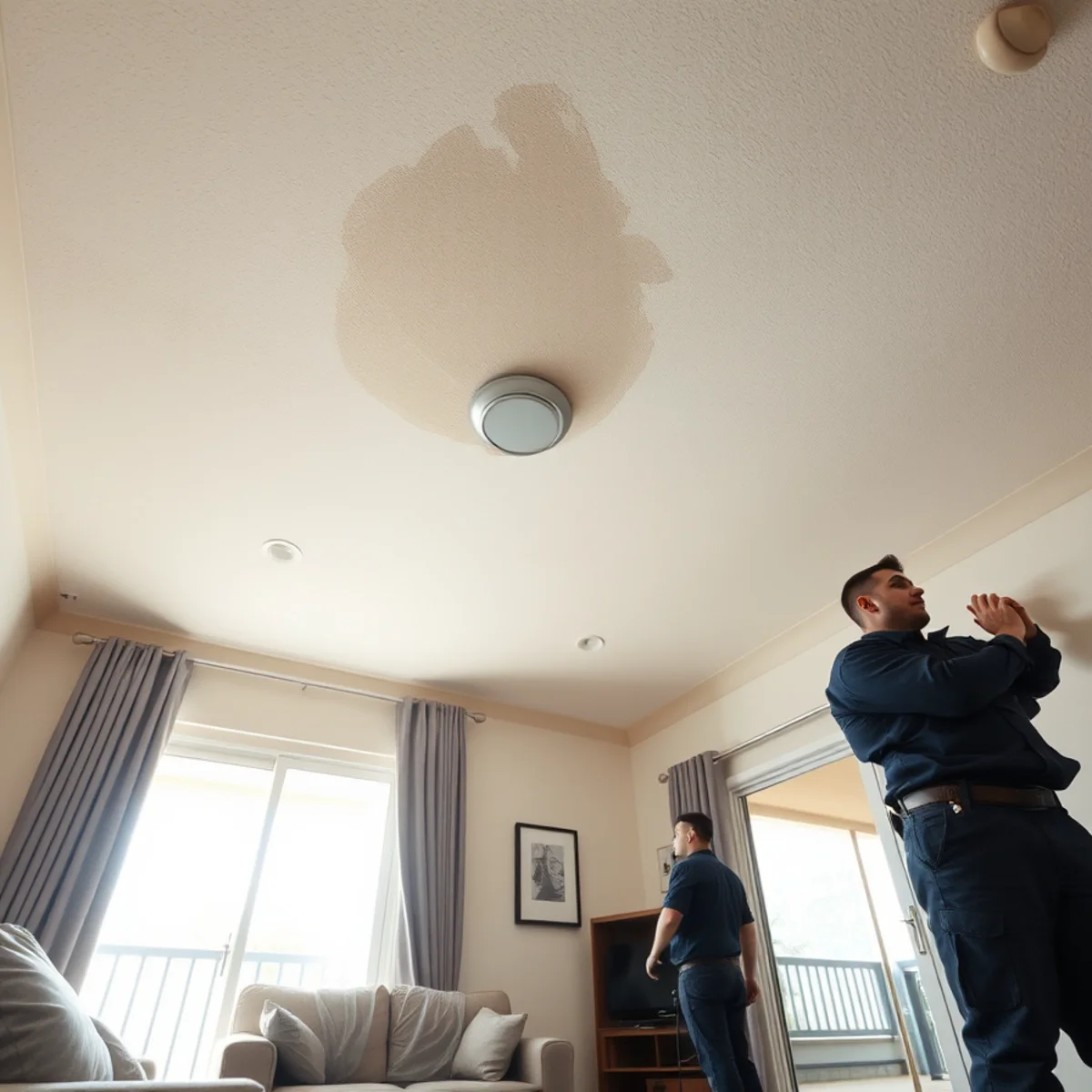 Water damage spreading through a condo ceiling from the unit above in Irvine, CA