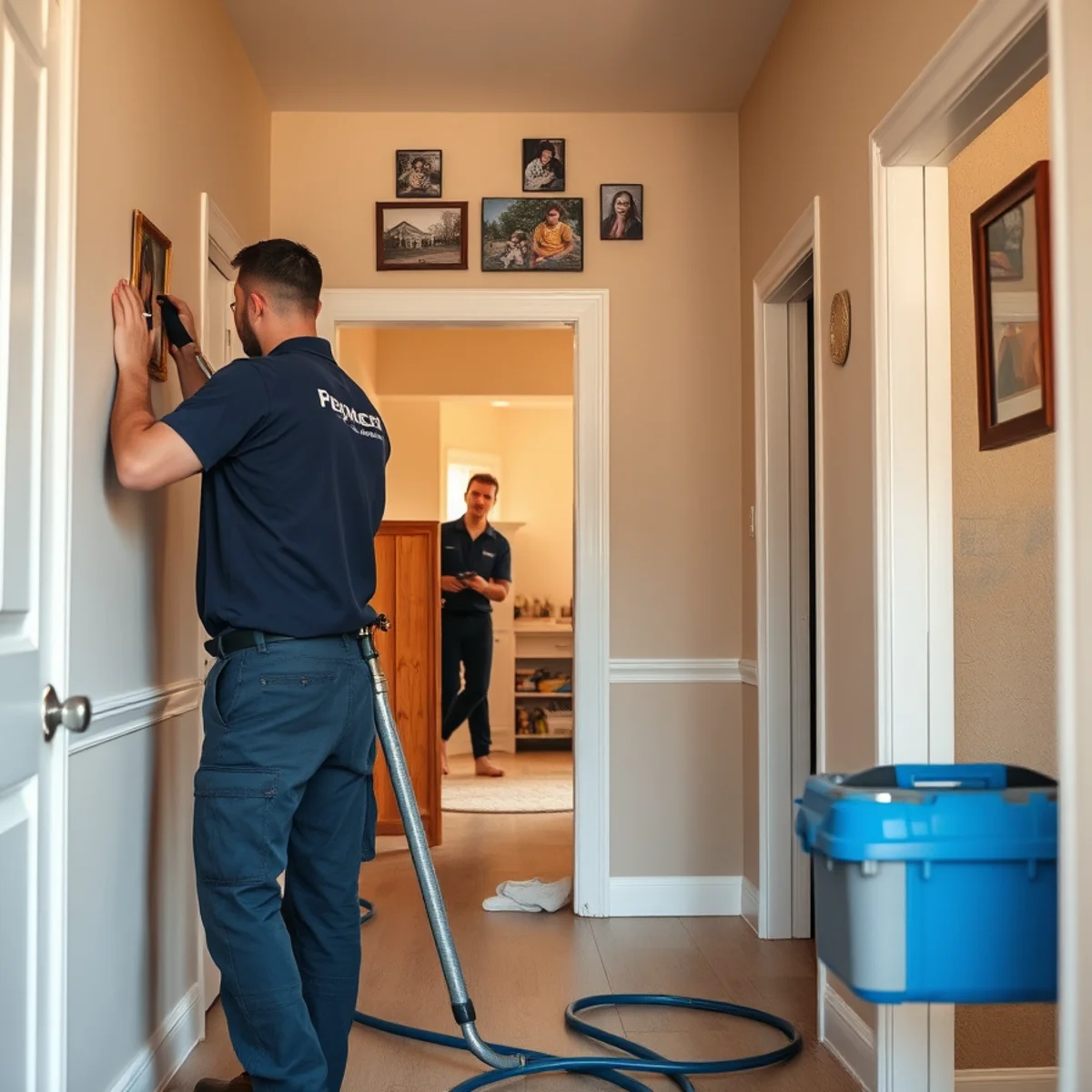 Restoration crew drying a water-damaged family room in an Irvine, CA single-family home