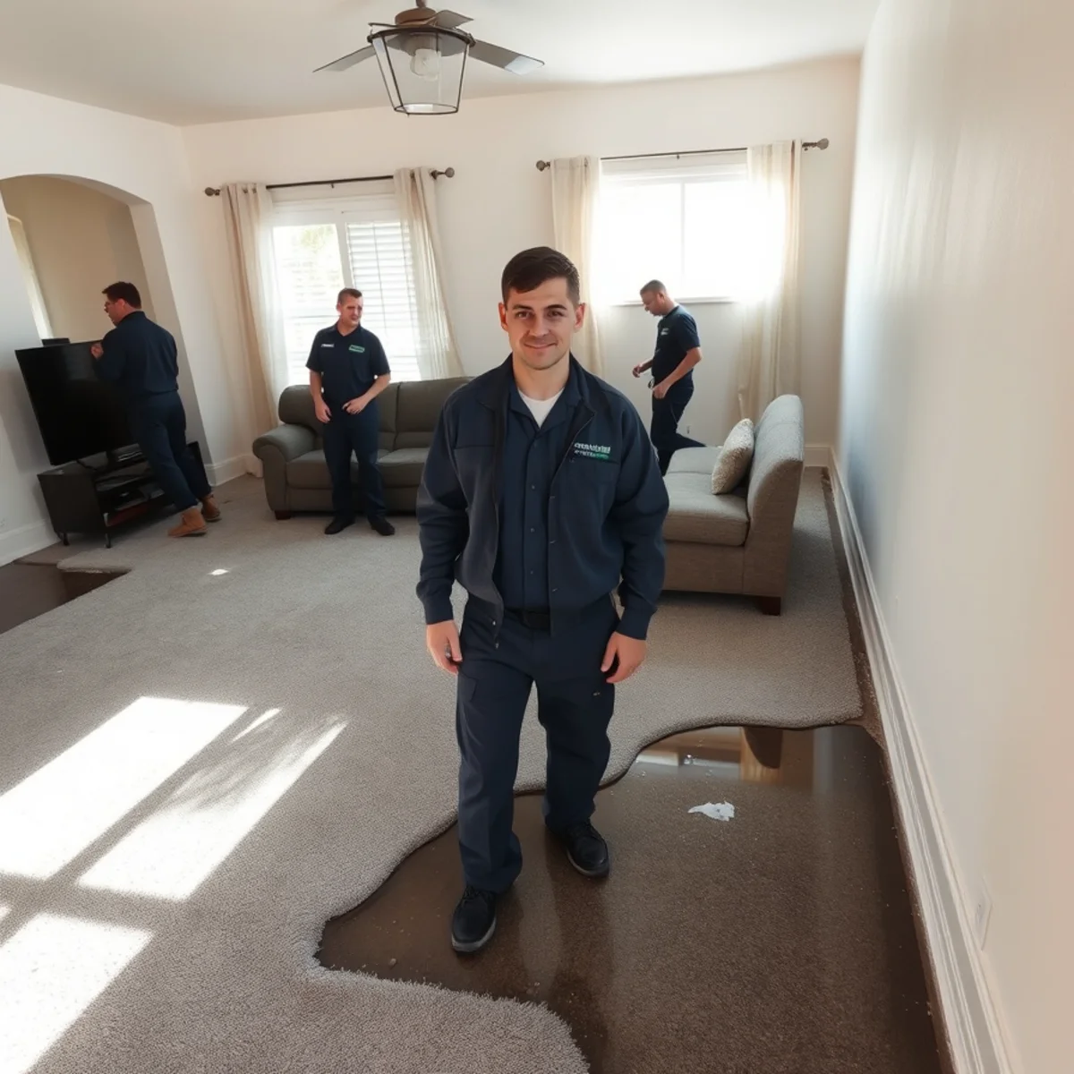Water damaged Irvine, CA living room before restoration work began