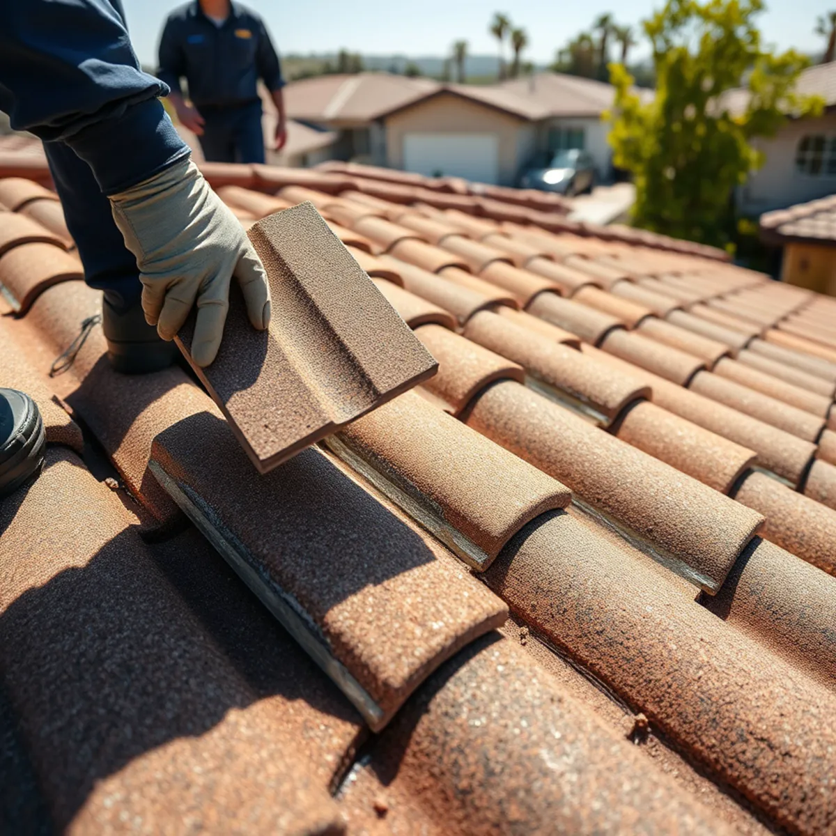 Aged underlayment exposed beneath lifted concrete roof tiles in Irvine, CA