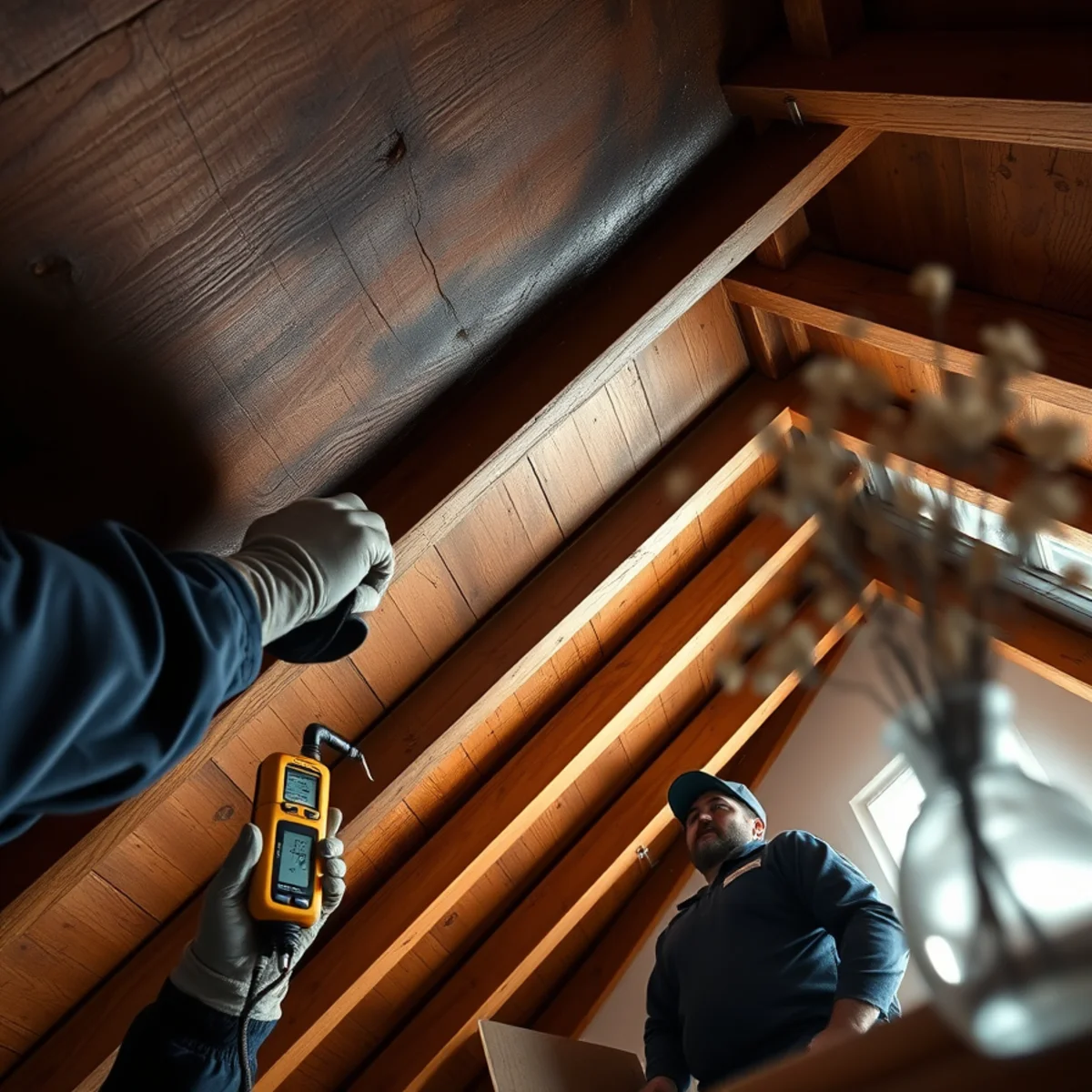 Dark water staining on roof sheathing from a long running roof leak in Irvine, CA