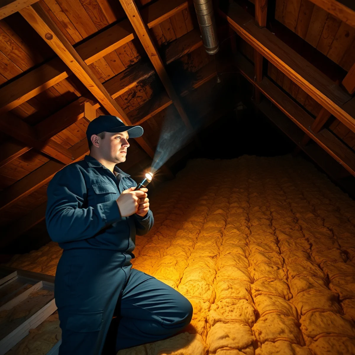 Water-damaged attic insulation and sheathing from a roof leak in an Irvine, CA home