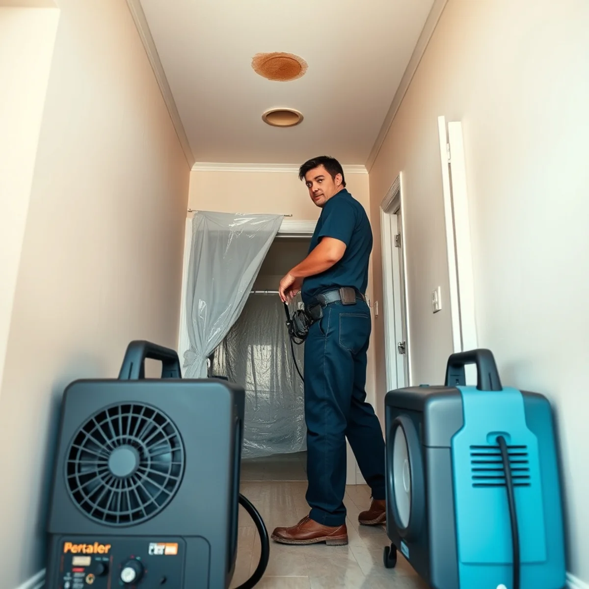 Water damage crew drying a condo ceiling in Aliso Viejo, CA
