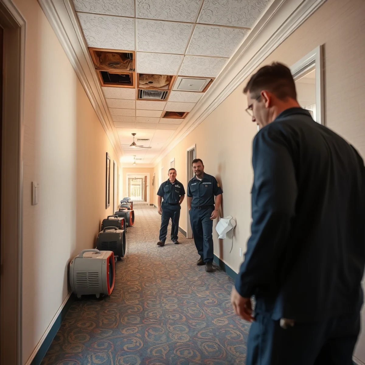 Water damage from a domestic riser failure in an Anaheim, CA hotel corridor