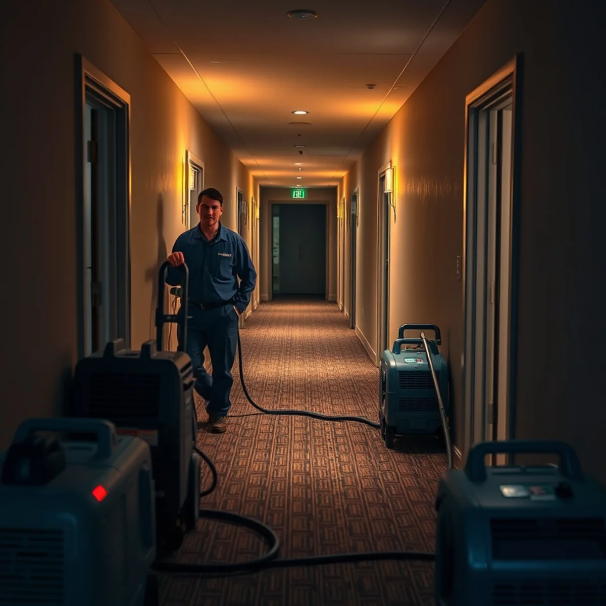 Commercial water damage drying equipment in an Anaheim, CA hotel corridor