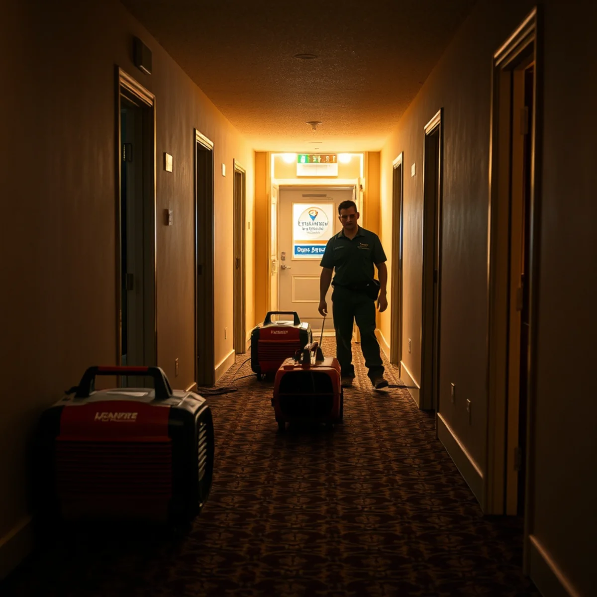 Hotel corridor water damage restoration in Buena Park, CA