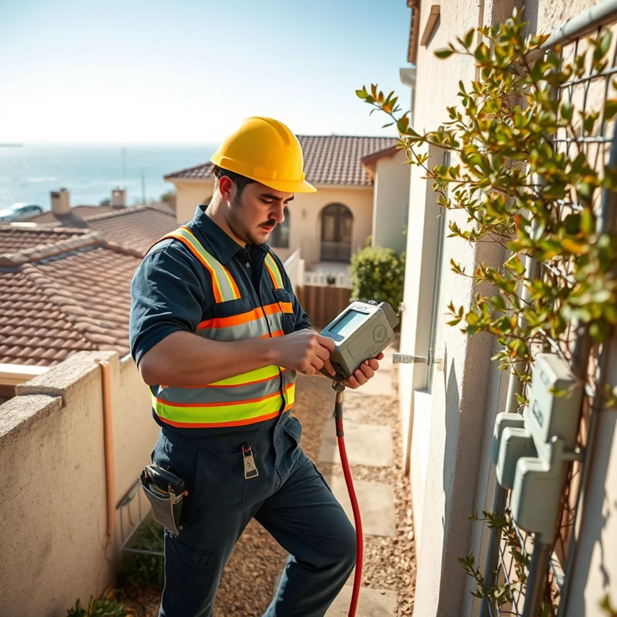 Water damage investigation between narrow lots in Corona del Mar, CA