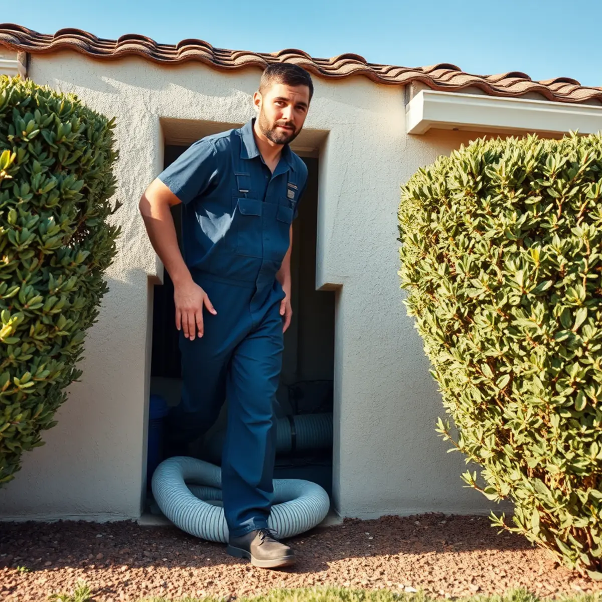 Technician inspecting a wet crawl space beneath a Costa Mesa, CA home