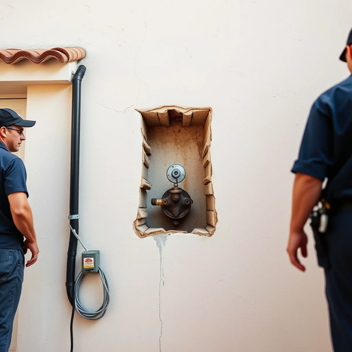 Salt-air corroded hose bib failing inside a wall penetration at a Dana Point, CA home