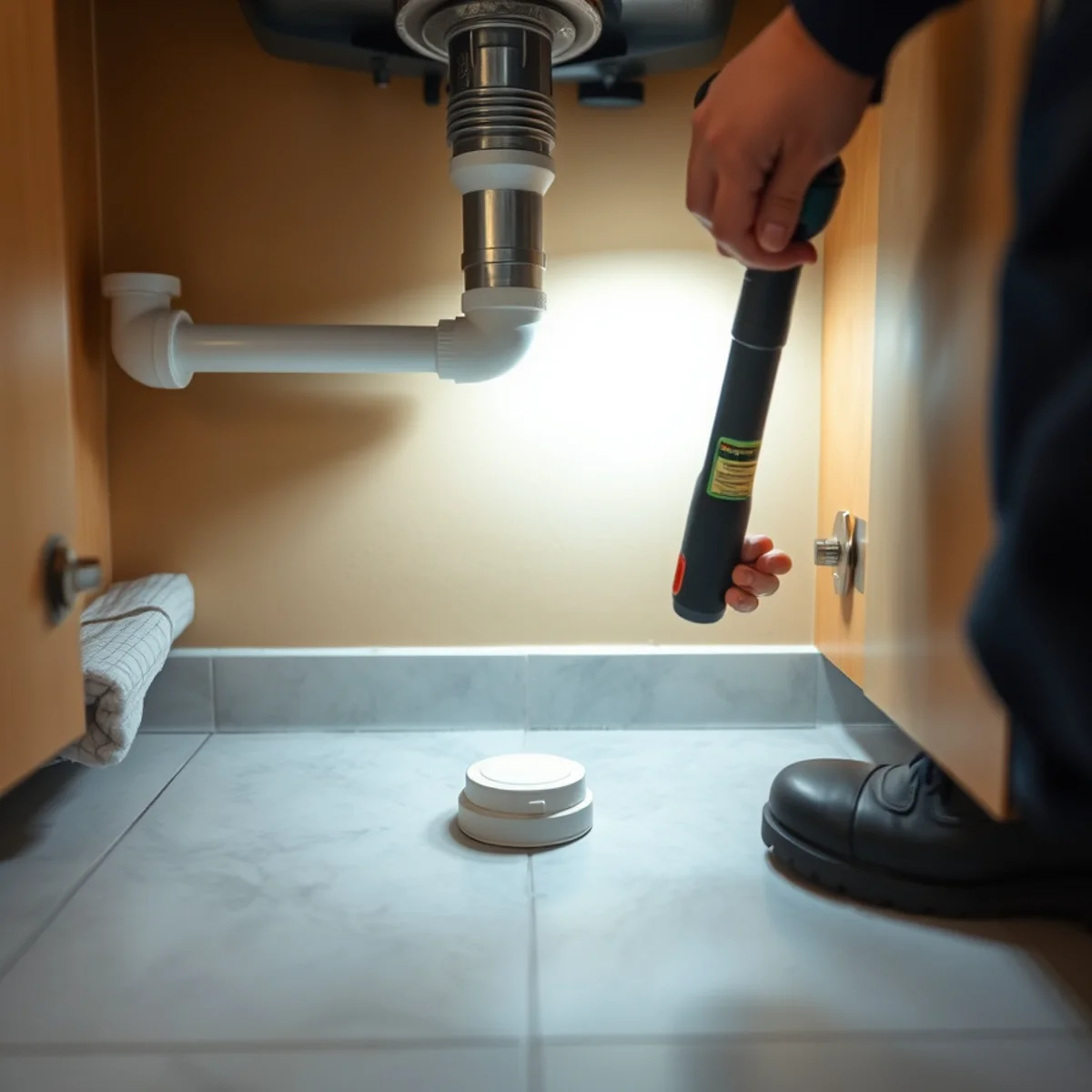 Wi-Fi water leak sensor installed under a kitchen sink in a Fullerton, CA rental property