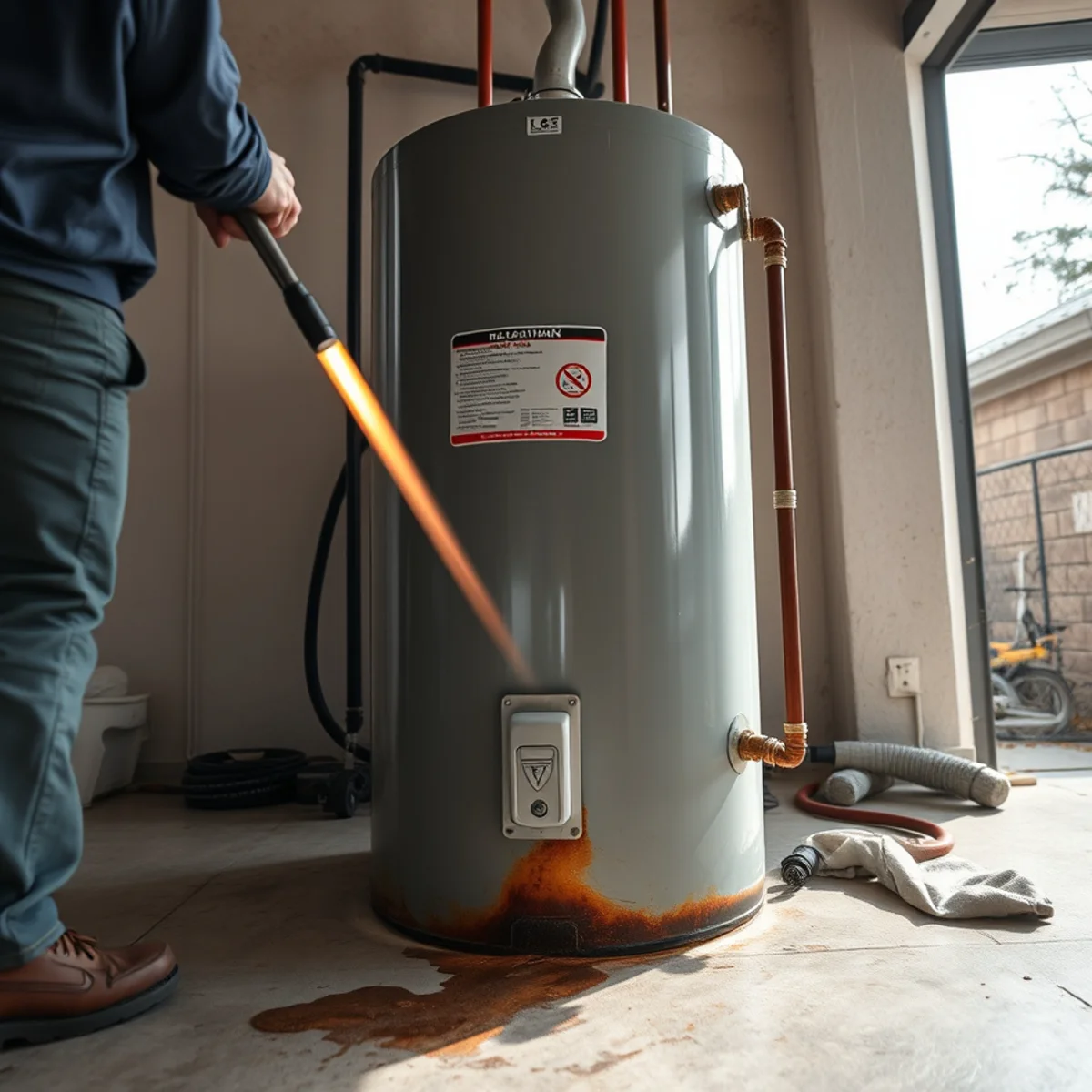 Original 2000s water heater well past service life in a Ladera Ranch, CA garage