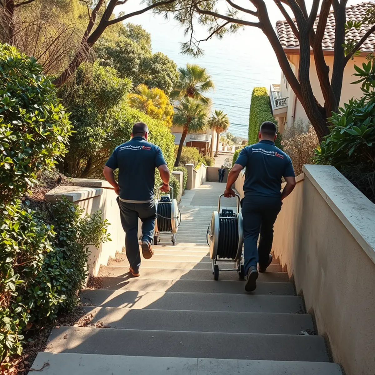 Carrying portable drying equipment to a canyon cottage in Laguna Beach, CA