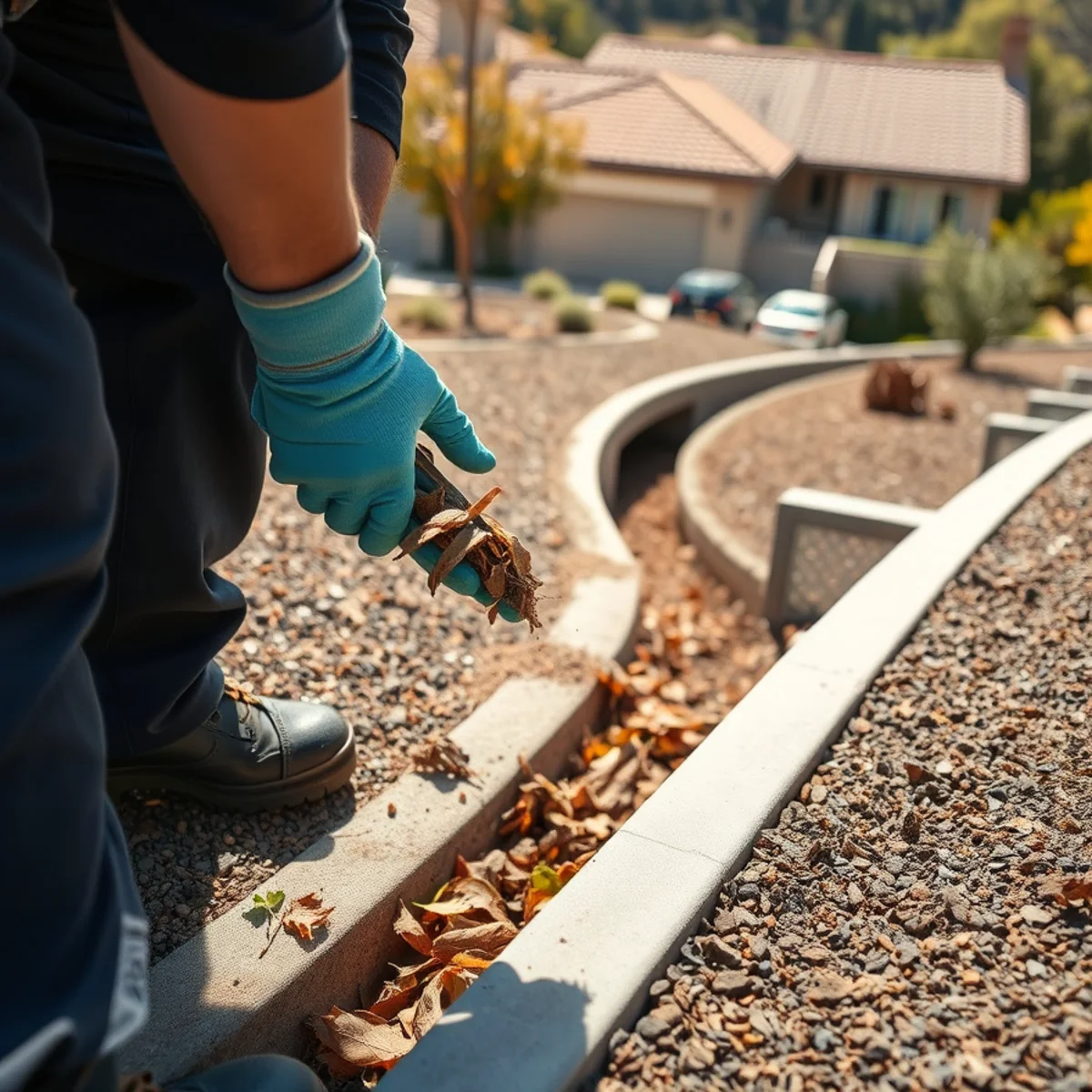 Clearing a blocked terrace drain on a graded slope above a Laguna Hills, CA home