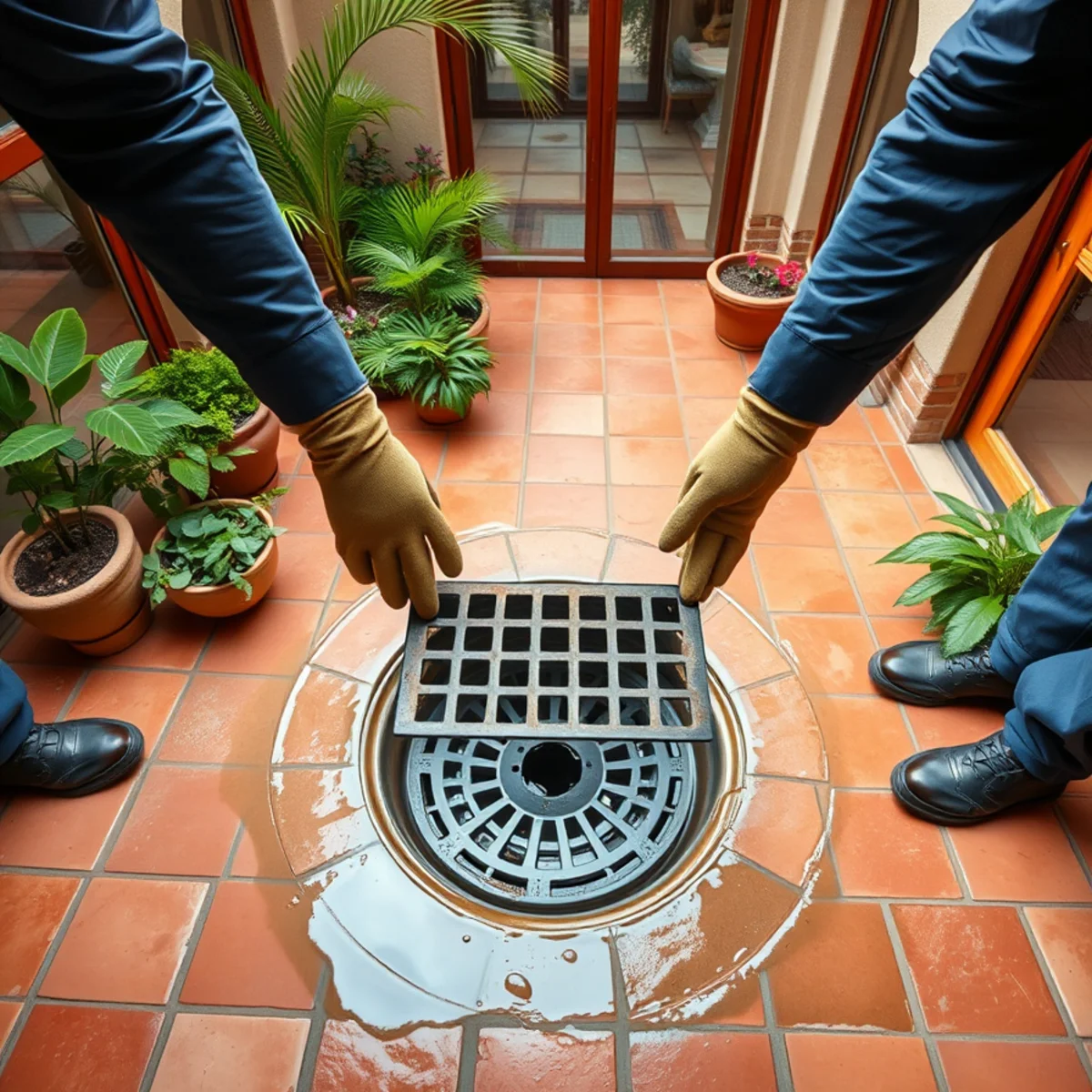 Clearing a silted atrium courtyard drain at a 1970s Lake Forest, CA home